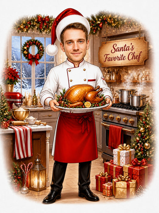 Male chef in Santa hat holding roast turkey under Santa's Favorite Chef sign in festive kitchen.