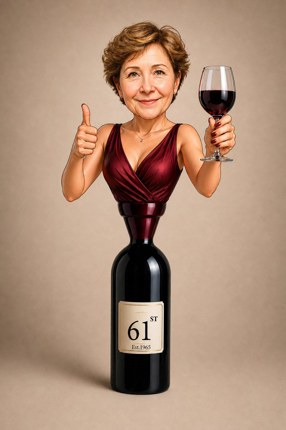 Woman in burgundy dress rising from a wine bottle, holding red wine and thumbs-up.