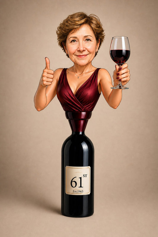 Woman in burgundy dress rising from a wine bottle, holding red wine and thumbs-up.