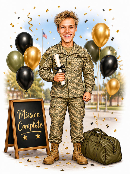 Male soldier caricature in camouflage holding diploma, Mission Complete sign, balloons, duffel.