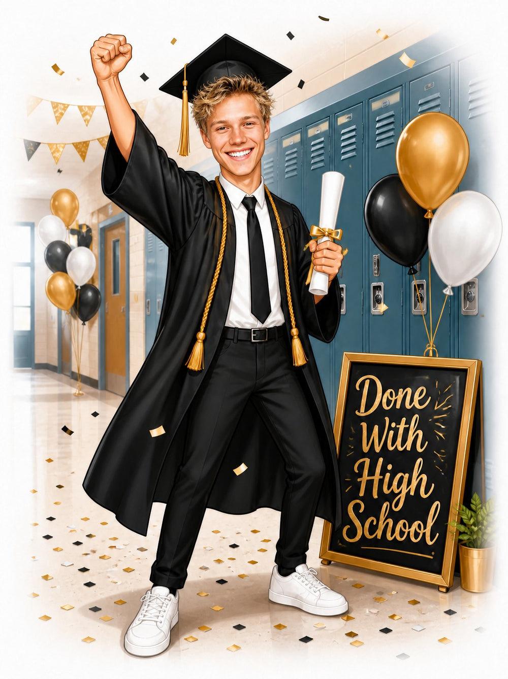 Male graduate in cap and gown holding diploma by lockers, Done With High School sign