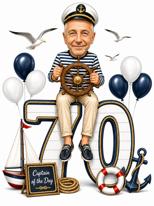 Captain-themed birthday caricature: man steering ship wheel on giant age number.