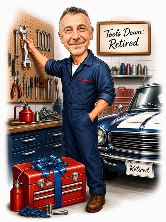 Retired mechanic caricature in garage, blue coveralls, big wrench, red toolbox with bow, classic car.