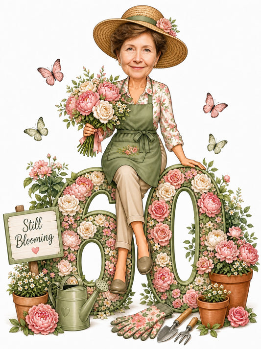 Female gardener on giant floral age number with bouquet, sign, and tools.