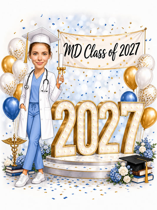 Female MD graduate caricature with banner MD Class of 2027 and glowing 2027 numbers.