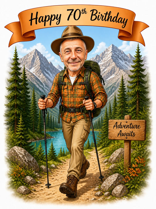 Smiling hiker with trekking poles, backpack, Happy 70th Birthday banner and Adventure Awaits sign.