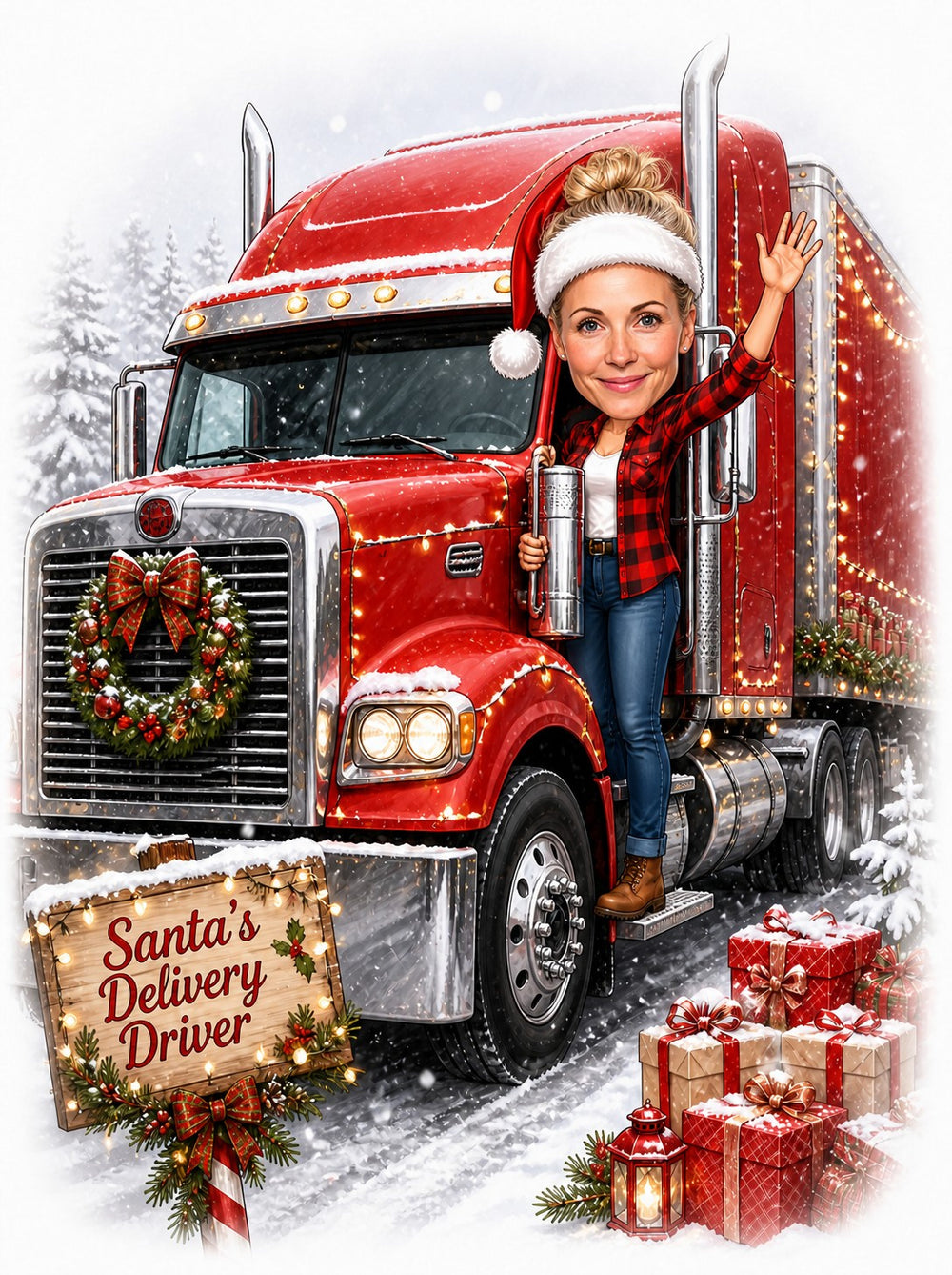 Woman truck driver in Santa hat waving from red semi with wreath and gifts.