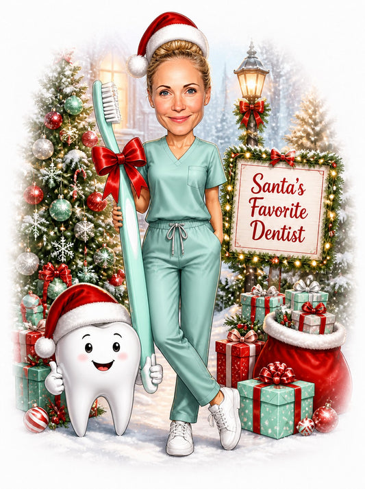 Female dentist in mint scrubs with giant toothbrush, Santa hat, smiling tooth, and gifts.