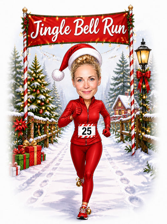 Female runner under Jingle Bell Run banner on snowy path with gifts and lamppost.