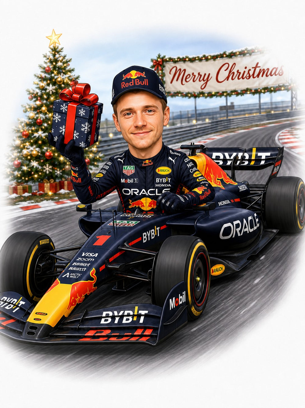 Smiling driver in F1 car holding gift, Christmas tree and Merry Christmas banner.