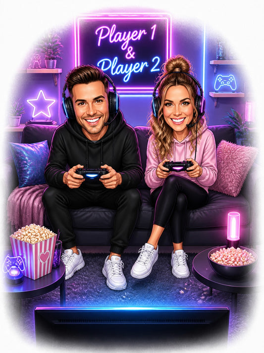 Gamer couple on couch with headsets, controllers, neon Player 1 & Player 2 sign.