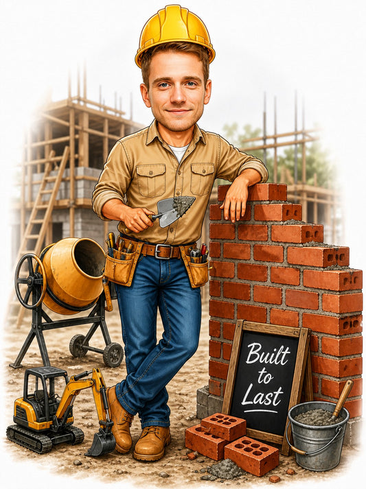 Construction mason caricature with yellow hard hat, trowel, brick wall and cement mixer.