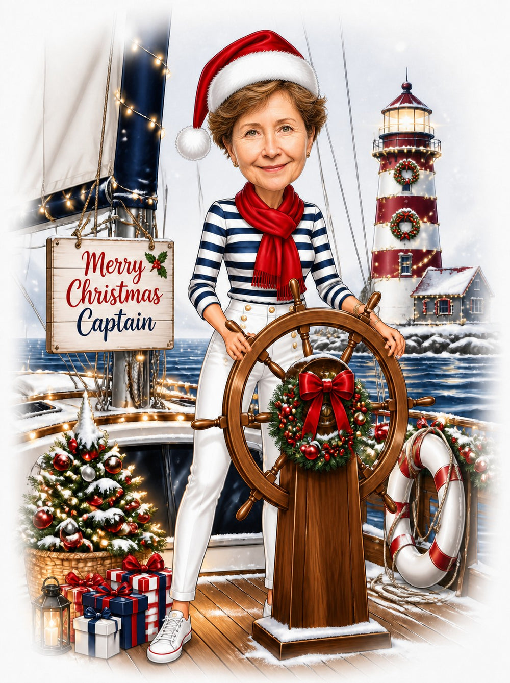 Woman captain steering ship wheel with wreath, Santa hat, striped sailor top, lighthouse