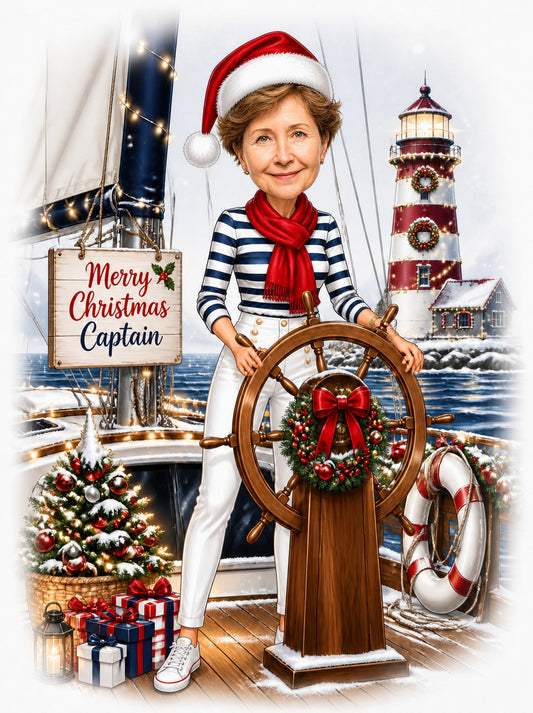 Woman captain steering ship wheel with wreath, Santa hat, striped sailor top, lighthouse