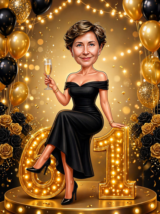 Elegant woman in black dress sits on glowing golden 61 with balloons and champagne.