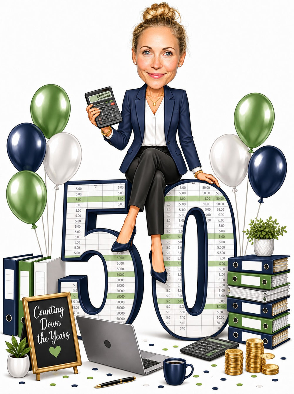 Female accountant on giant age number with calculator, binders, balloons, and spreadsheets.