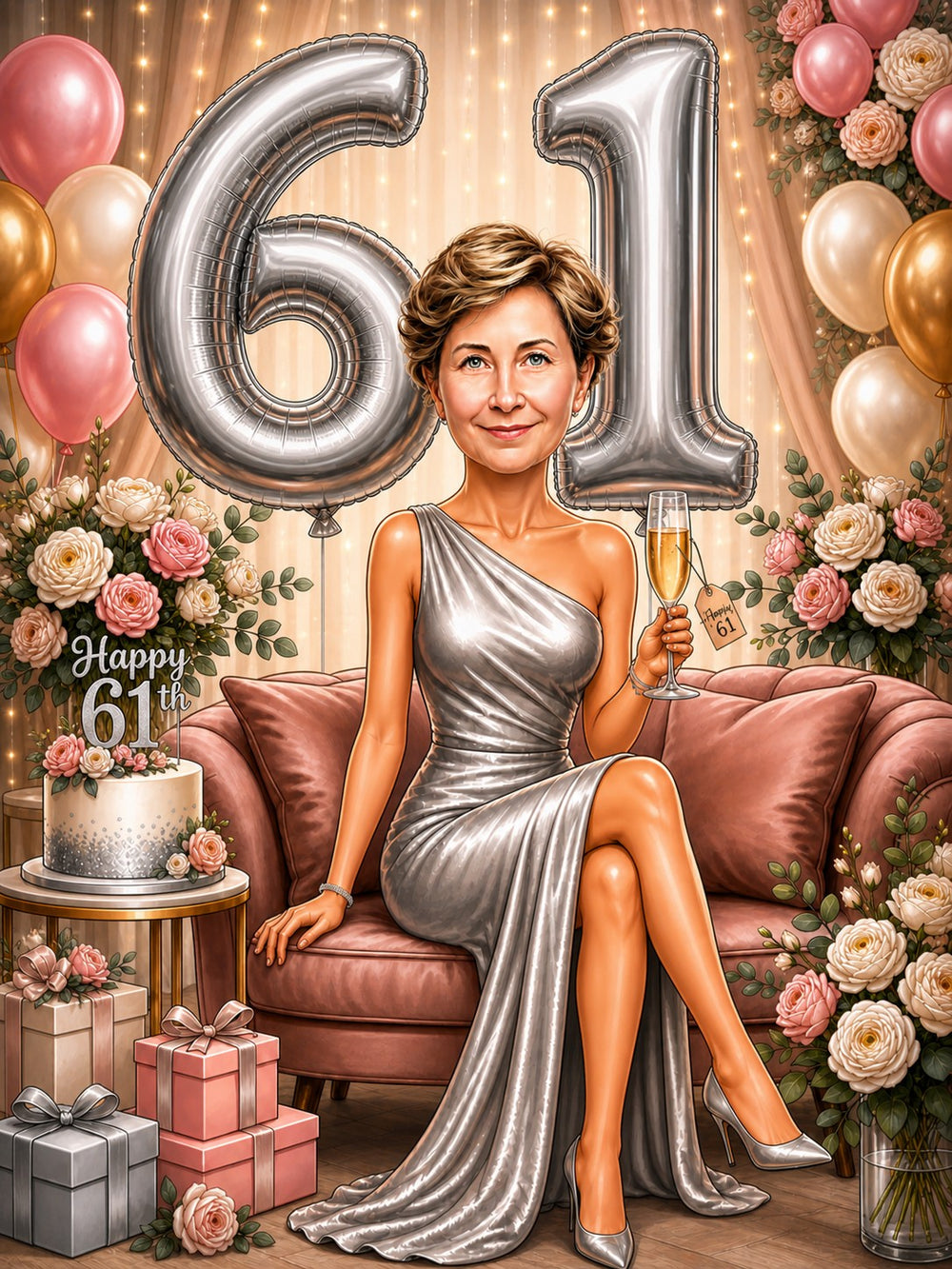 Woman on pink sofa with silver 61 balloons, cake, champagne and gifts.