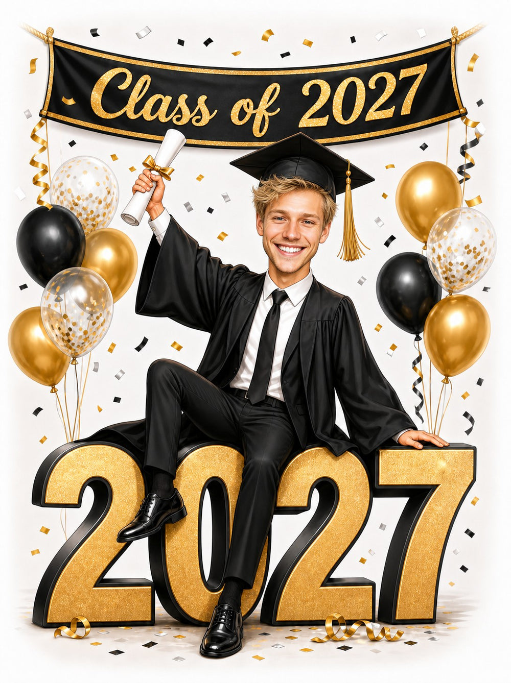 Male graduate in cap and gown holding diploma, Class of 2027 banner and balloons.