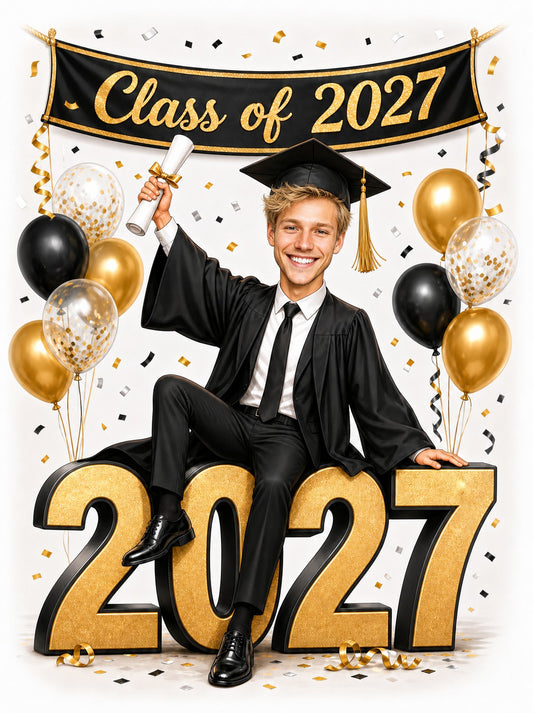 Male graduate in cap and gown holding diploma, Class of 2027 banner and balloons.