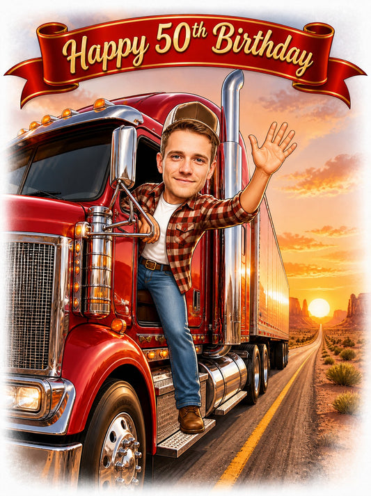 Trucker waving from red semi cab with chrome stacks and Happy 50th Birthday ribbon.