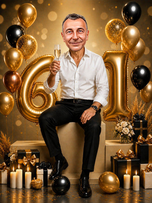 Man sitting on giant gold 61 balloons, champagne flute, black and gold decor.