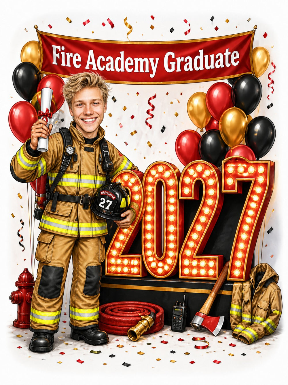 Fire Academy graduation caricature with diploma, 2027 marquee numbers, balloons, hose and axe.