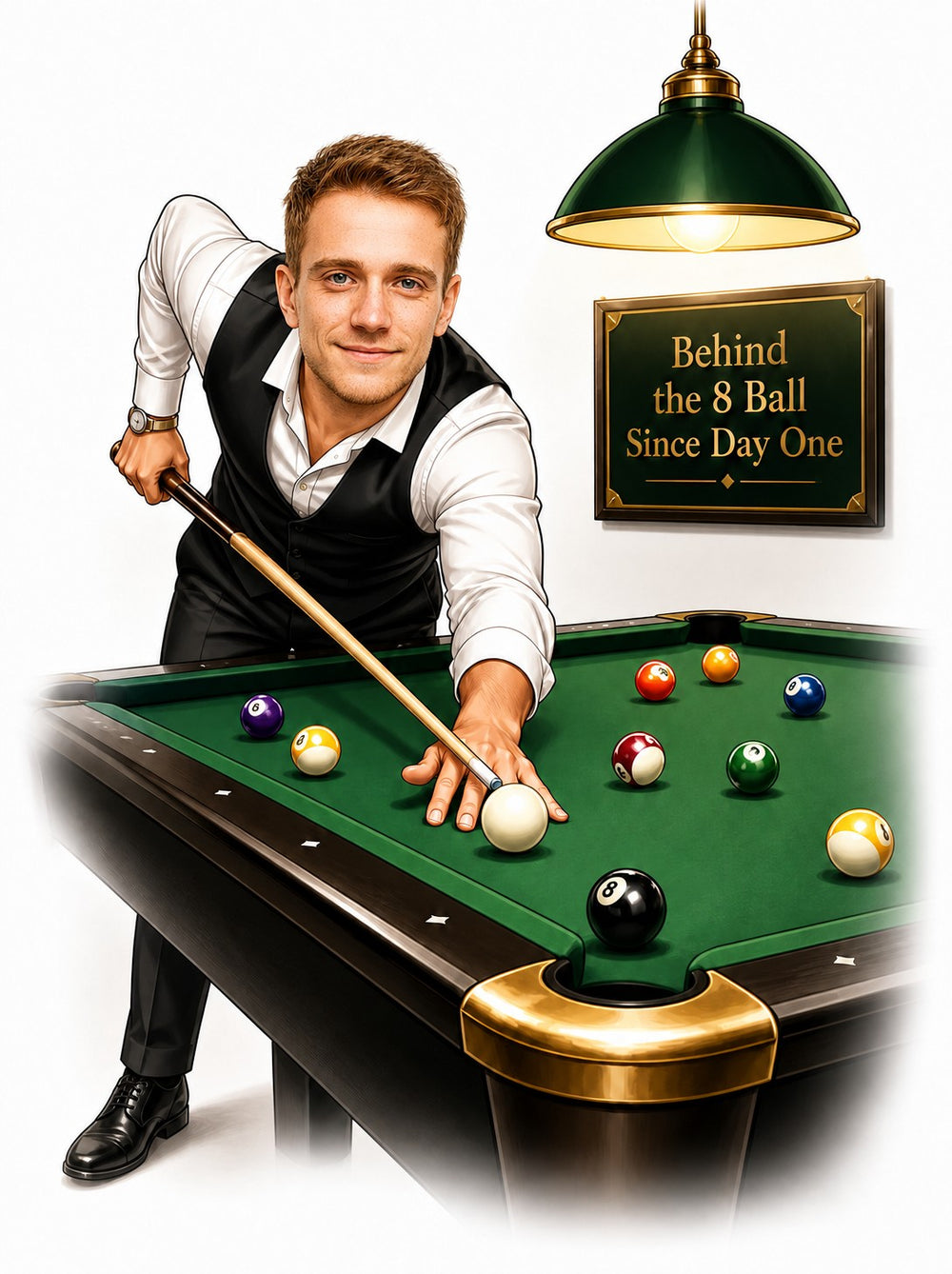 Man in vest aiming cue over green pool table under lamp, custom wall sign.