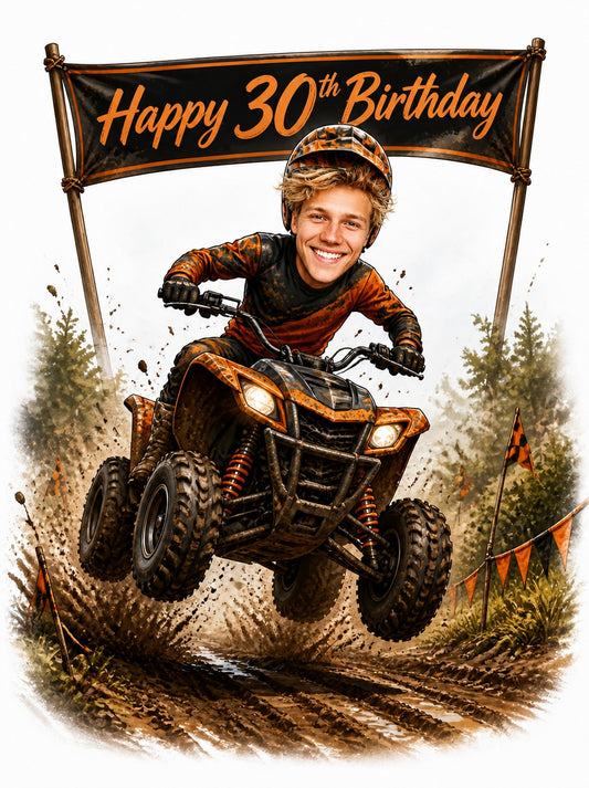 ATV rider jumping muddy quad under Happy 30th Birthday banner with orange pennant flags