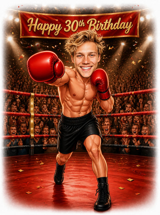 Muscular boxer in ring with red gloves and Happy 30th Birthday banner
