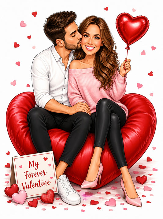 Couple on red heart seat, heart balloon, My Forever Valentine sign, scattered hearts.