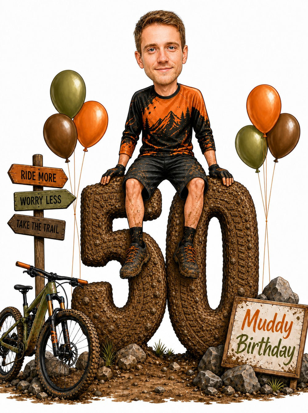 Man sitting on muddy tire-track 50 with mountain bike, balloons, trail signs