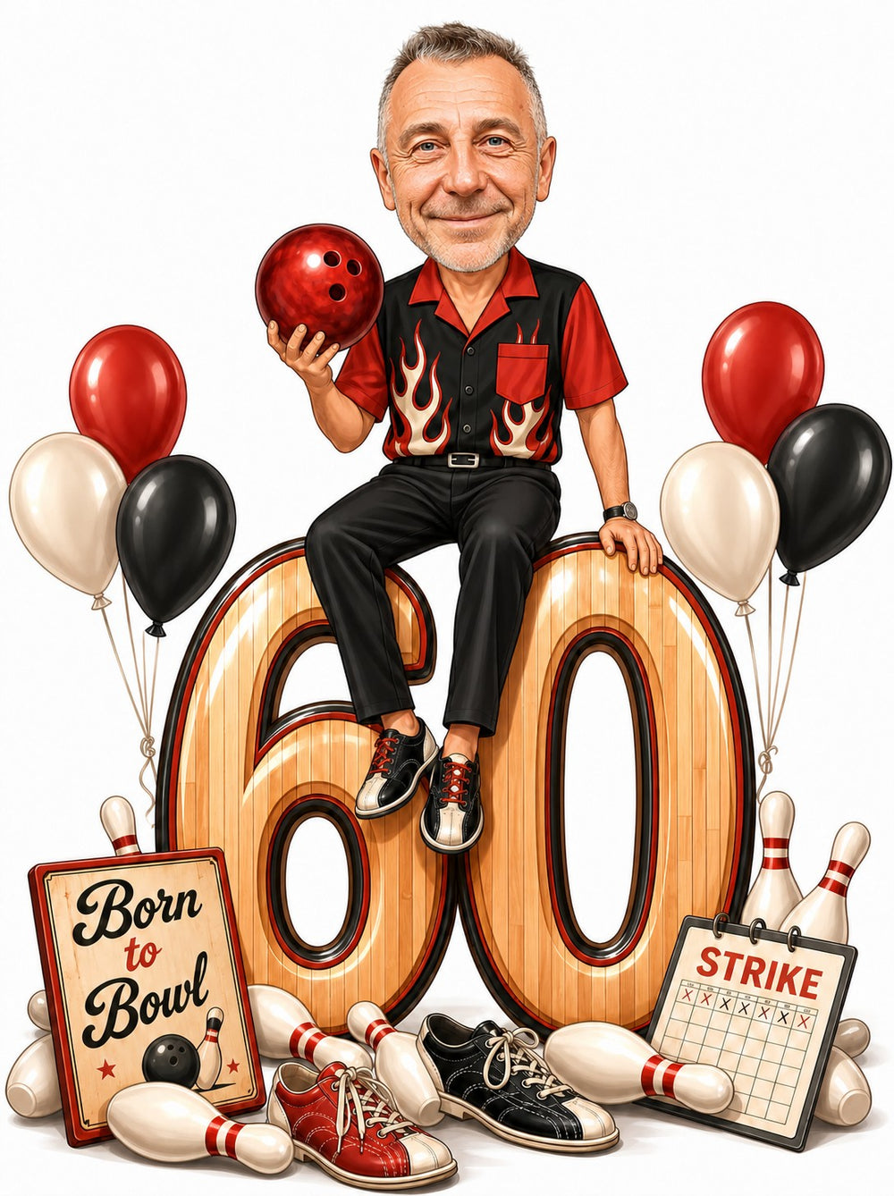 Man in flame bowling shirt sits on giant 60 with red ball, balloons, pins.