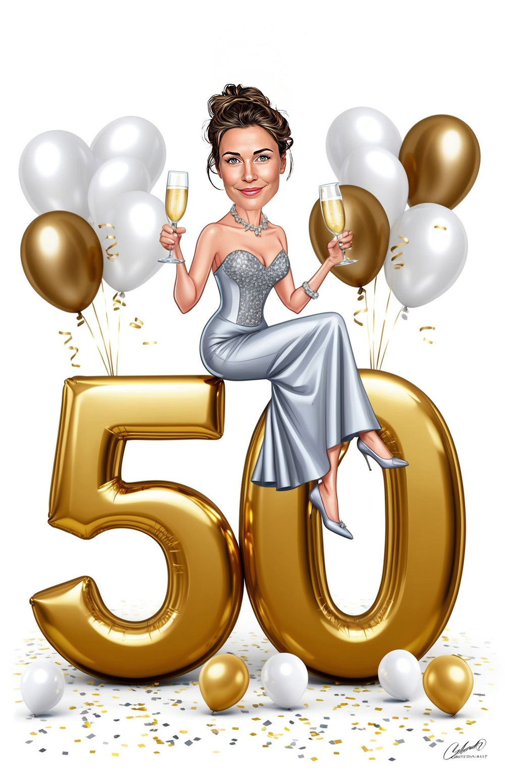 Woman in silver gown sits on giant gold age balloons, holding two champagne glasses.