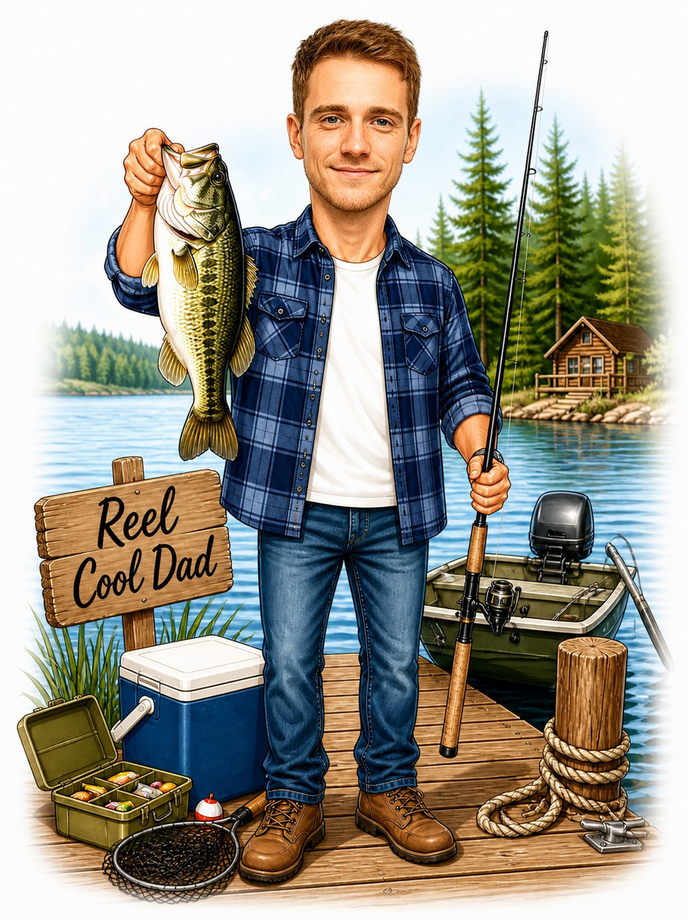 Fishing dad caricature on dock, holding bass and rod beside Reel Cool Dad sign.