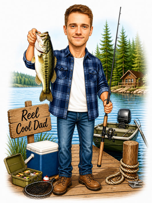 Fishing dad caricature on dock, holding bass and rod beside Reel Cool Dad sign.