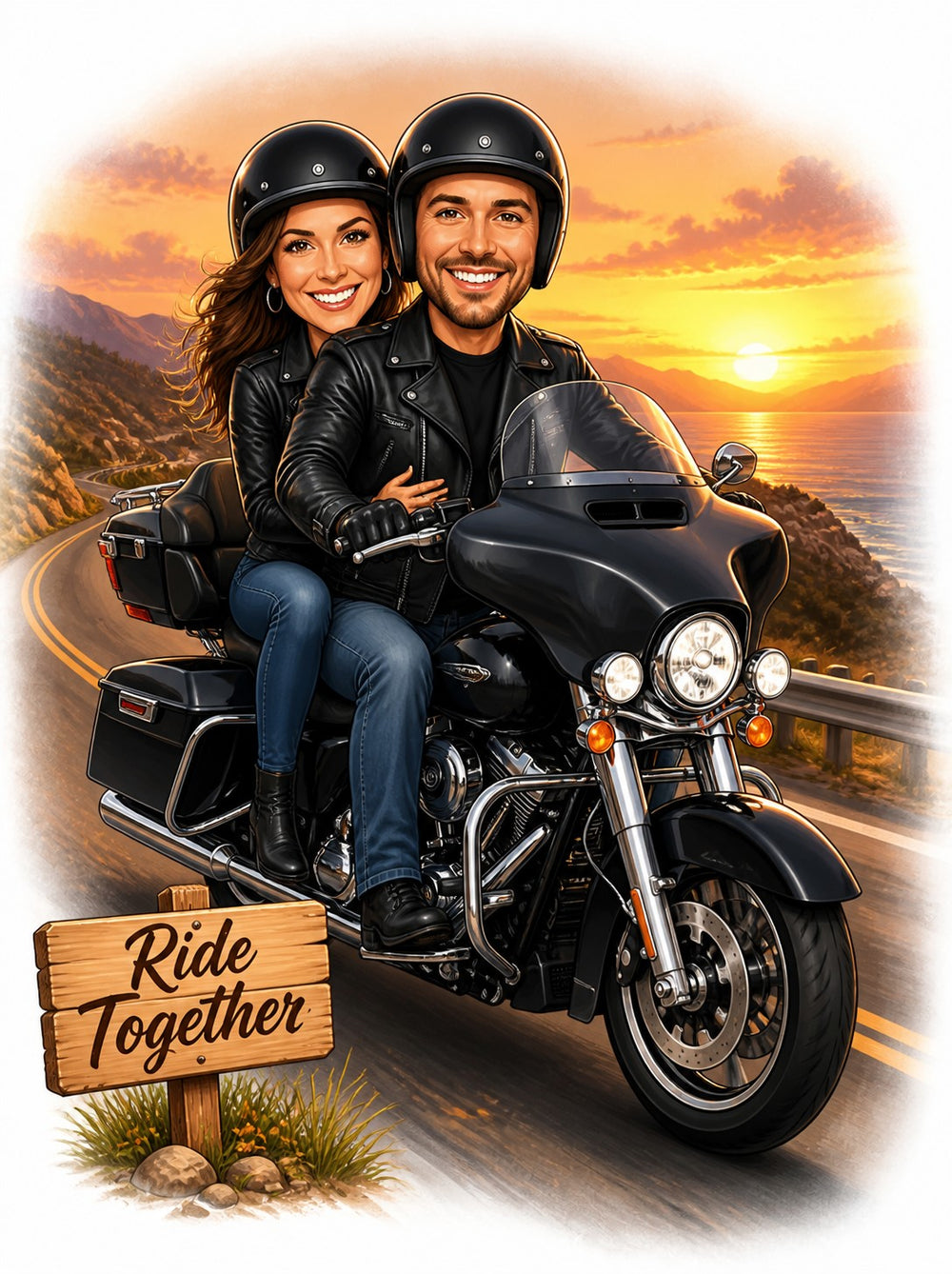 Smiling biker couple on cruiser motorcycle, sunset coast road, Ride Together sign.