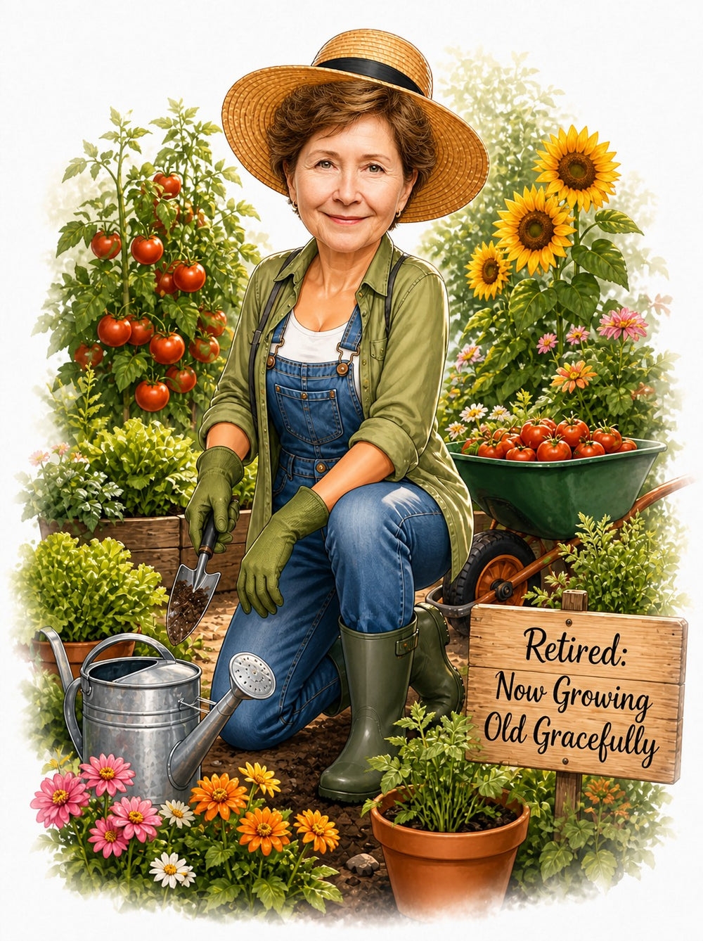 Retired woman gardener caricature kneeling with trowel, straw hat, wheelbarrow, sunflowers