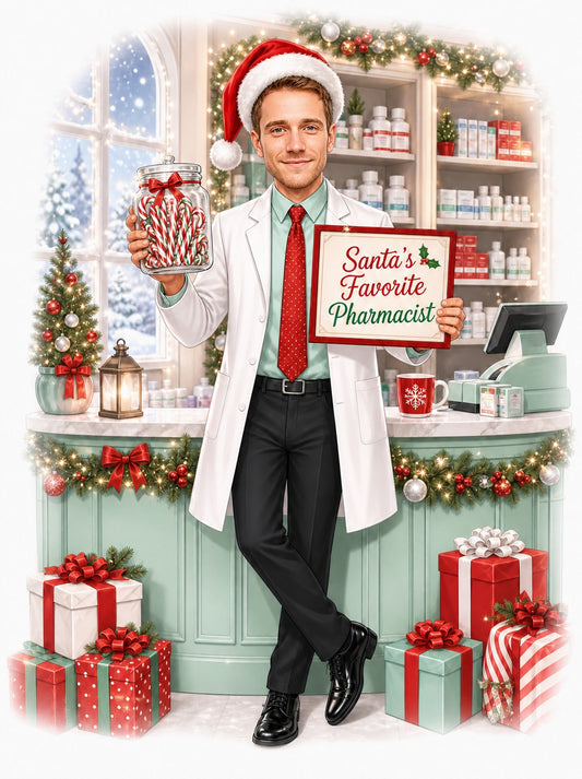Male pharmacist in Santa hat holding candy canes and Santa’s Favorite Pharmacist sign.
