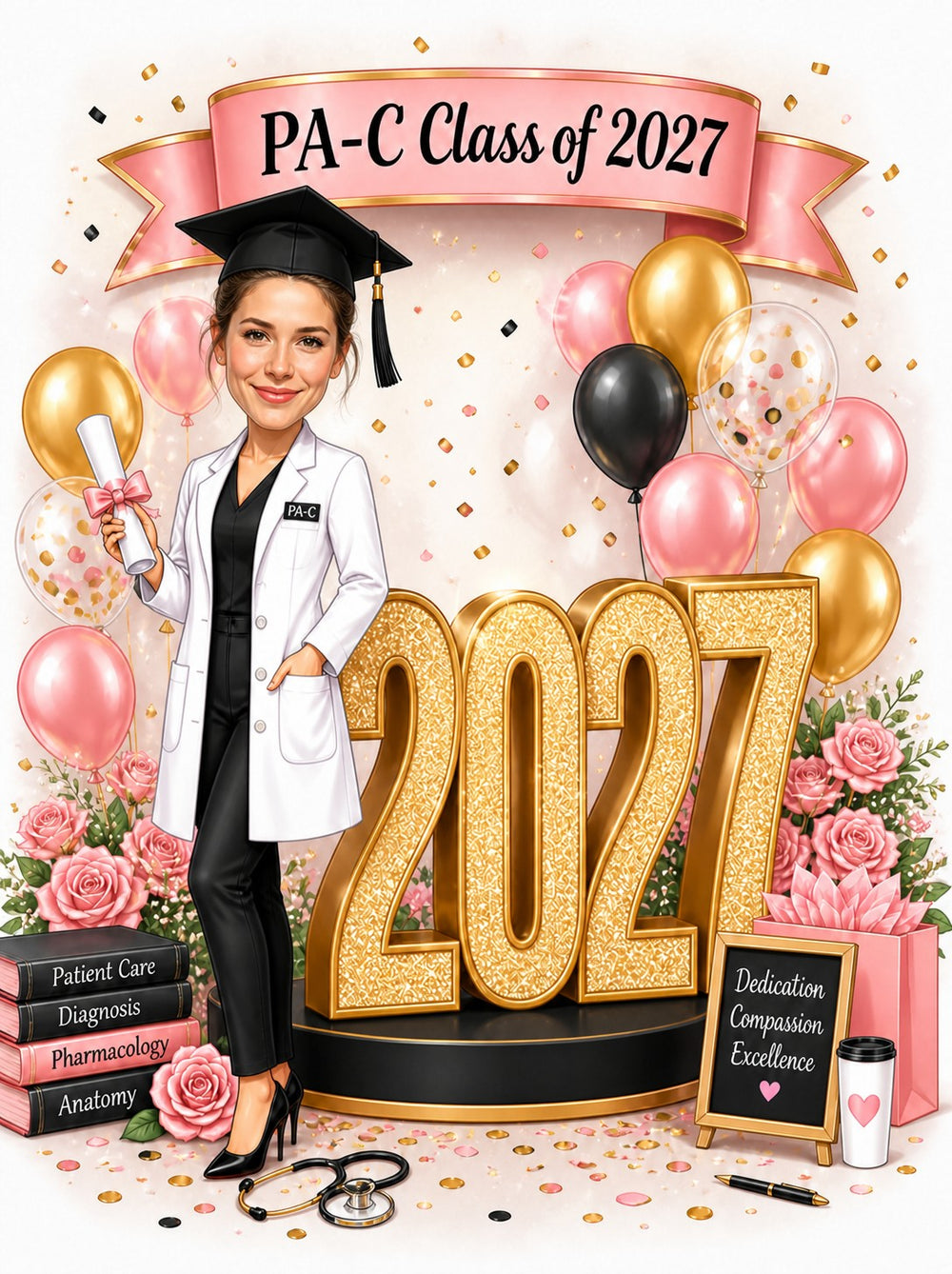 Female PA-C graduate in white coat with gold 2027, banner, balloons, stethoscope and textbooks.