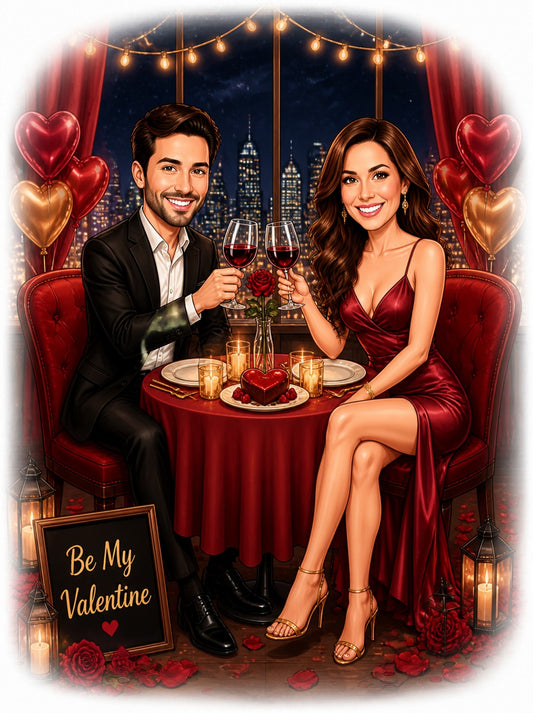 Romantic couple toasting wine at red table, city skyline, heart balloons, candles.
