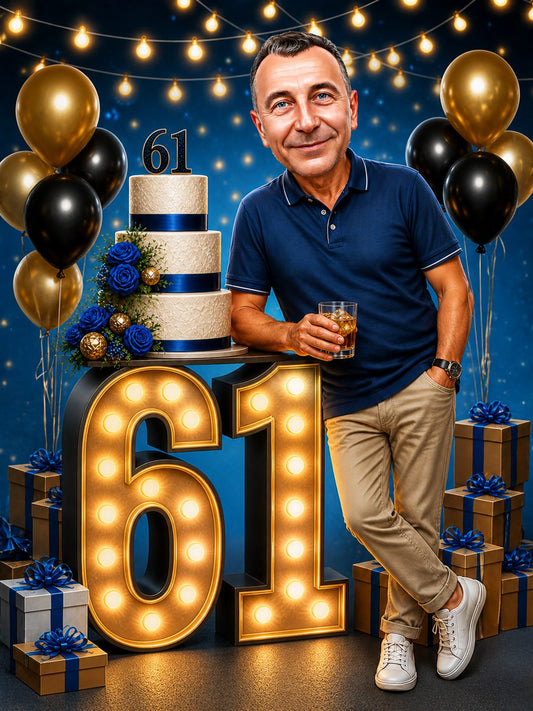 Man leaning on glowing 61 with blue-gold cake, balloons, and gifts.
