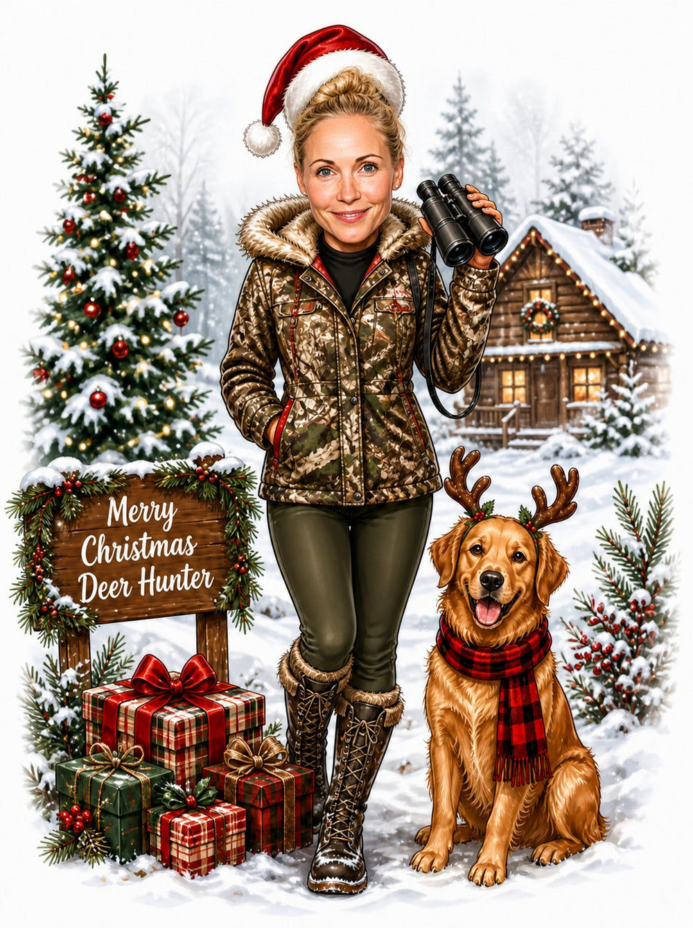 Female deer hunter in Santa hat with binoculars, snowy cabin, wooden Christmas sign.
