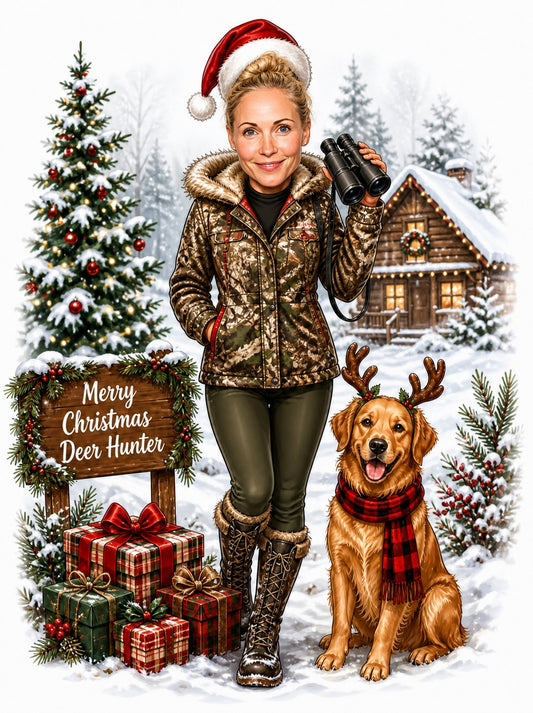 Female deer hunter in Santa hat with binoculars, snowy cabin, wooden Christmas sign.