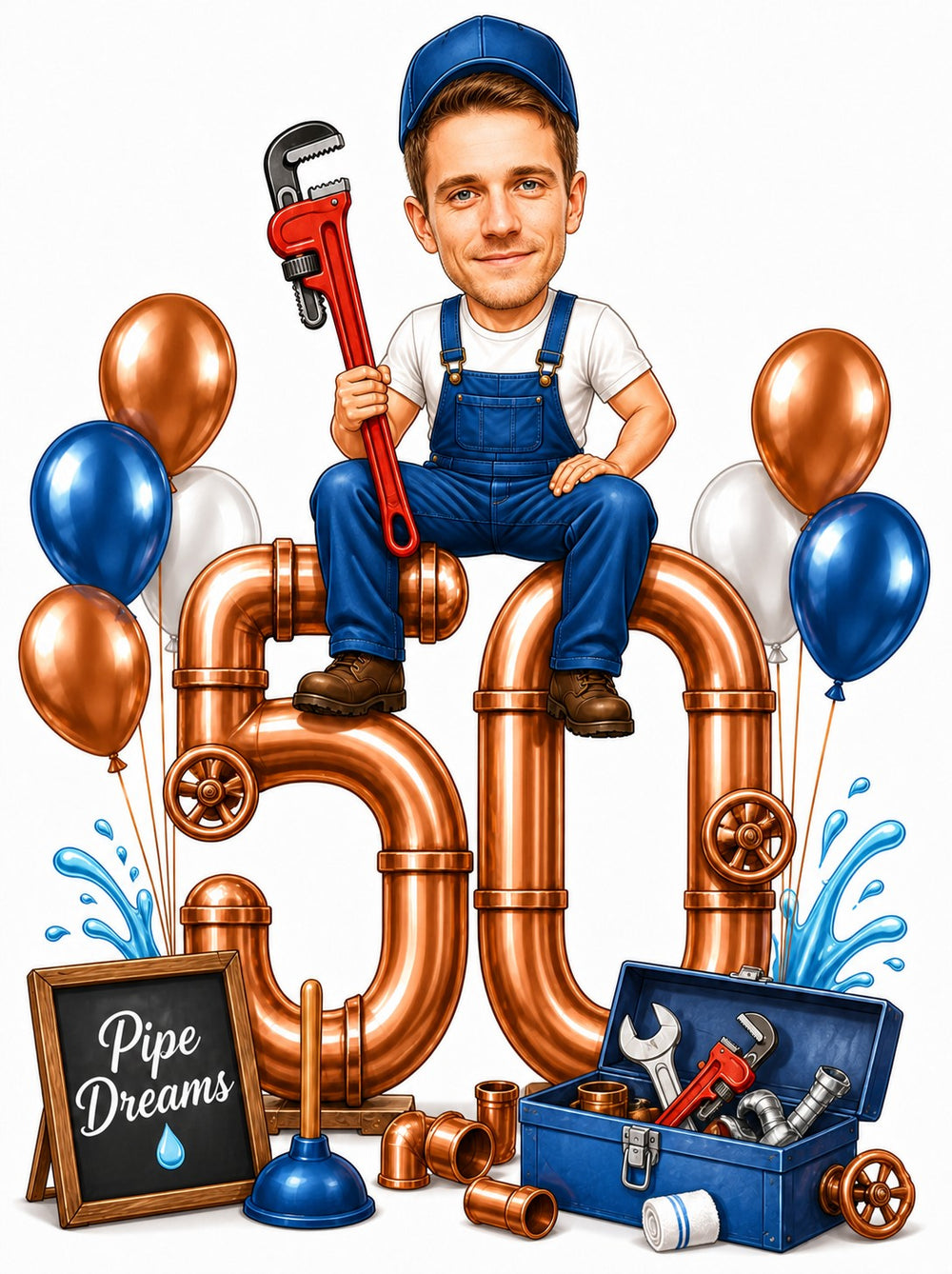 Plumber birthday caricature with copper pipe age number, red wrench, and balloons