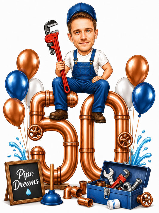 Plumber birthday caricature with copper pipe age number, red wrench, and balloons