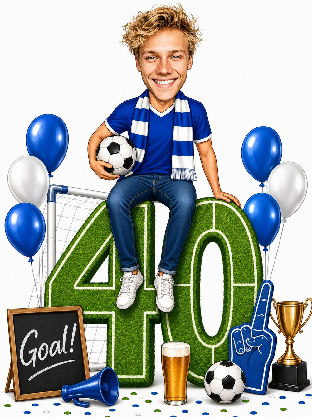 Man on giant grass 40 holding soccer ball, blue jersey and scarf, goalpost, balloons.