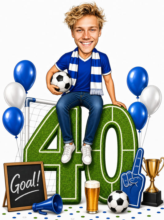 Man on giant grass 40 holding soccer ball, blue jersey and scarf, goalpost, balloons.