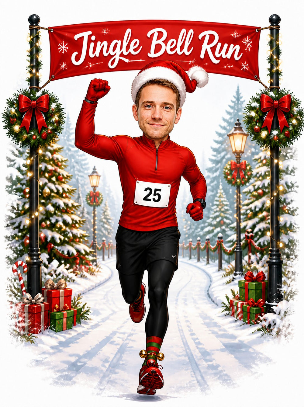 Man runner in Santa hat under Jingle Bell Run banner on snowy path