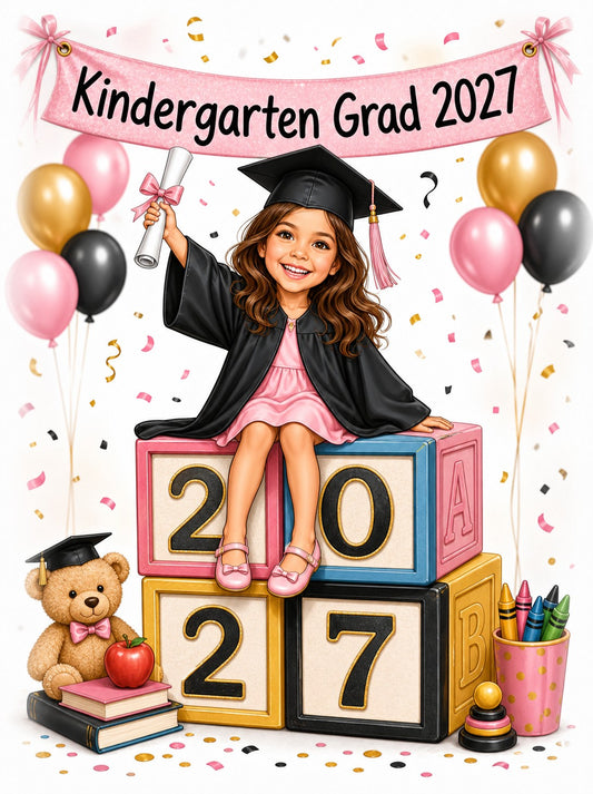 Child in cap and gown on 2027 blocks, pink banner and balloons, kindergarten graduation caricature.