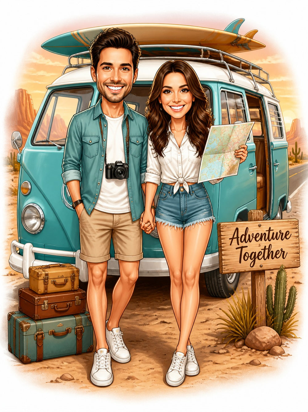 Smiling couple by teal camper van with surfboard, suitcases, and Adventure Together sign.